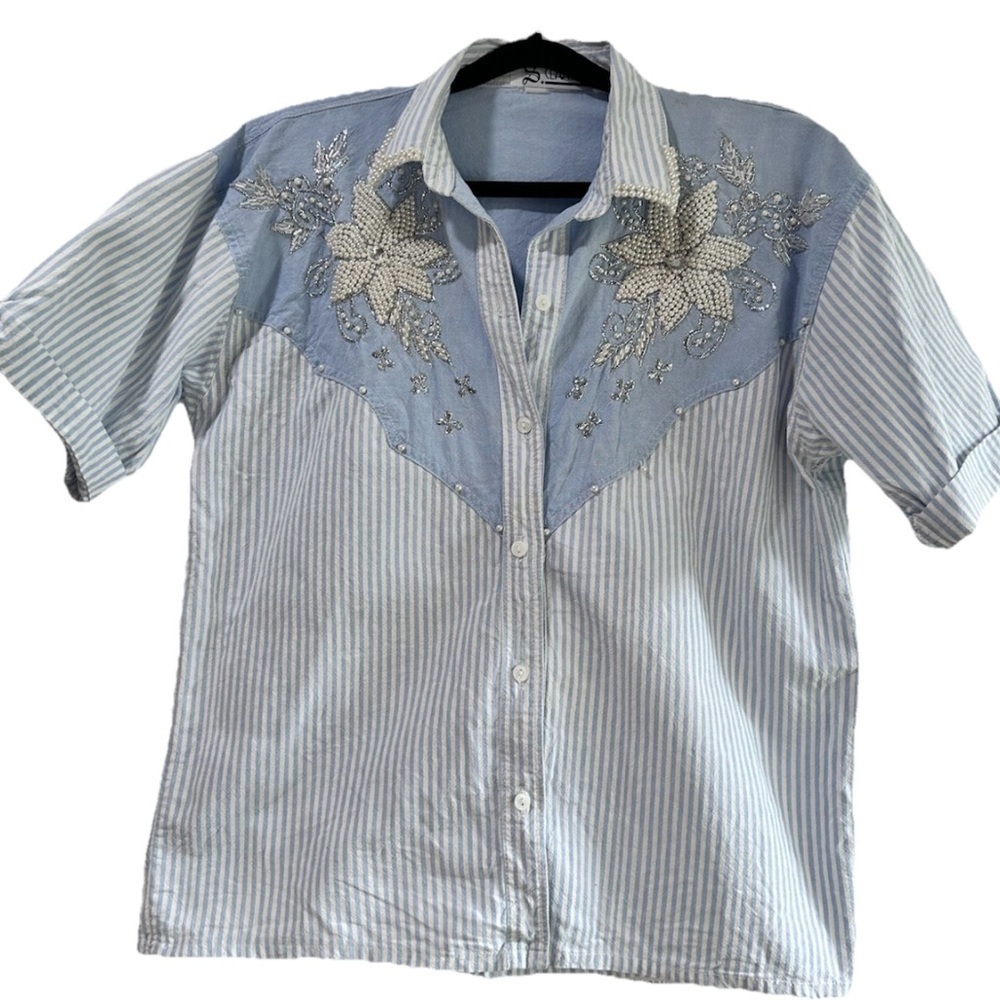 Men's Blue Striped Shirt with Floral Embroidery - Picture 2 of 16